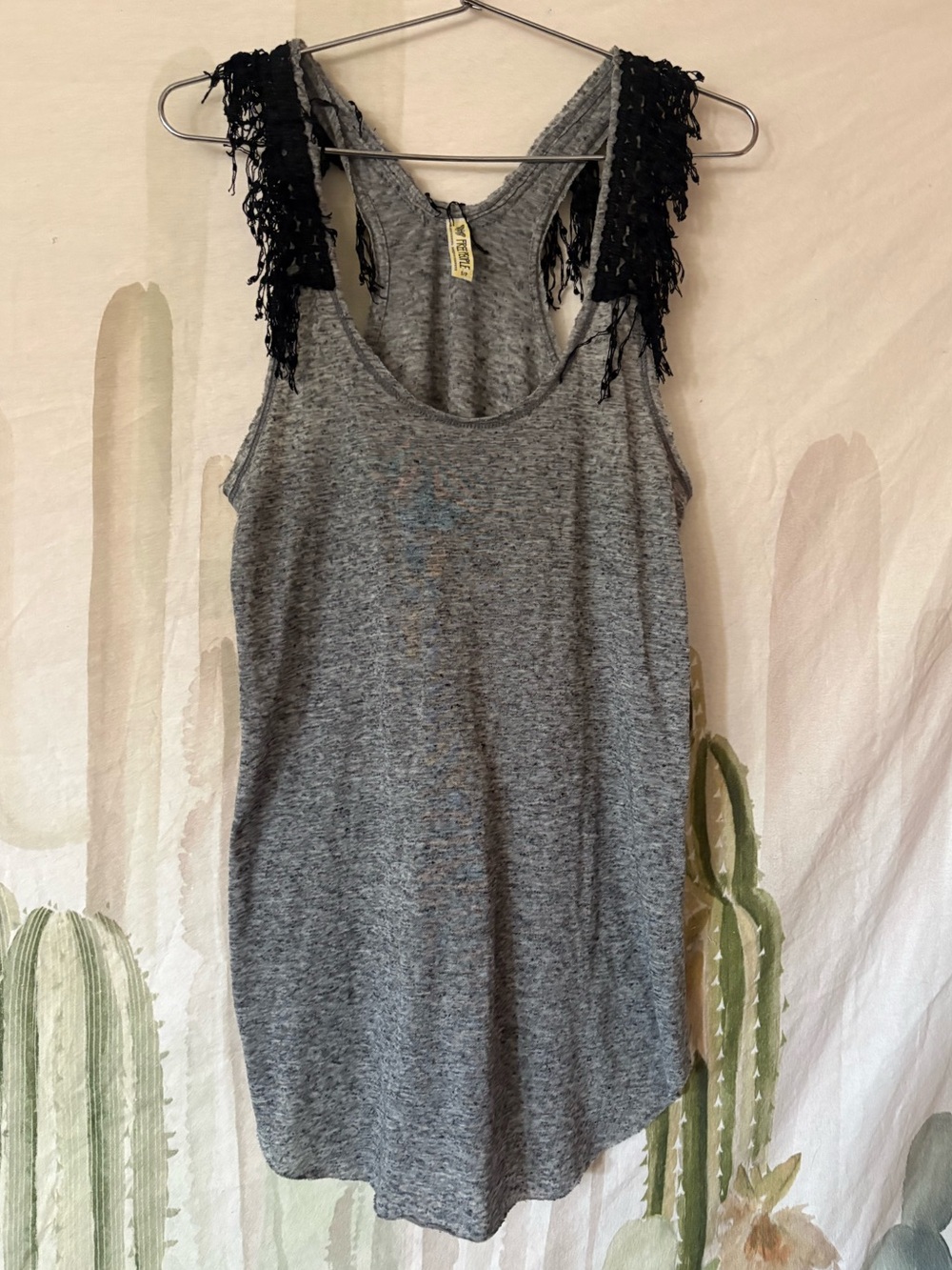 Free People Gray Tank Top with Black Fringe Shoulder 🌵small